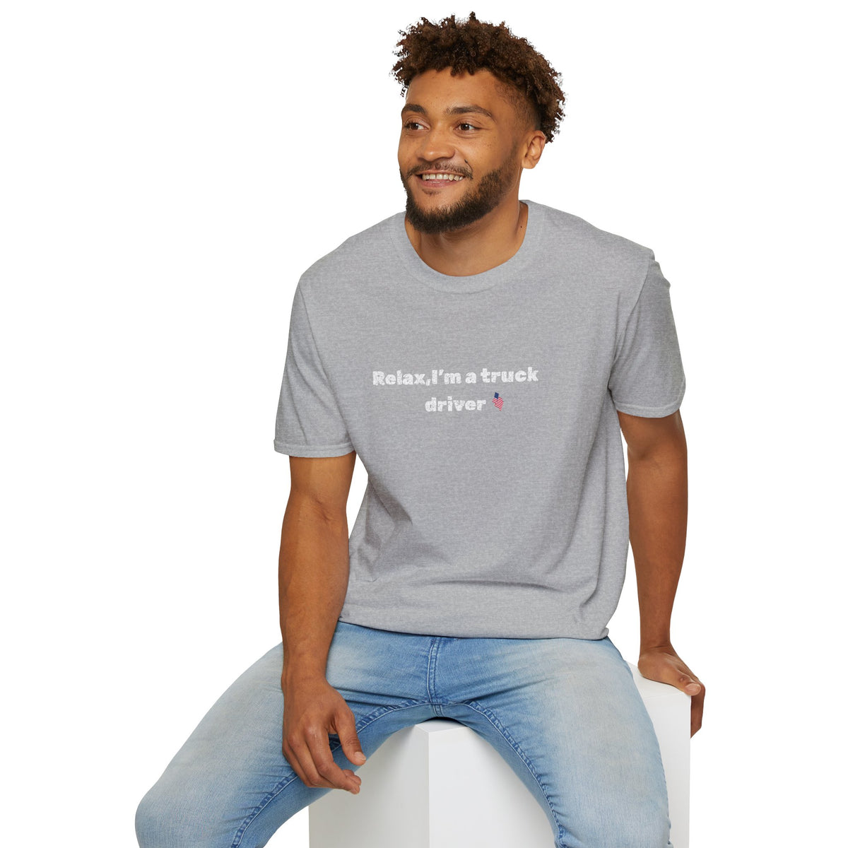 Funny truck driver T-shirt with pink heart graphic, casual fit, and printed slogan, by Printify.
