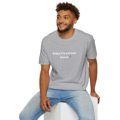 Funny truck driver T-shirt with pink heart graphic, casual fit, and printed slogan, by Printify.