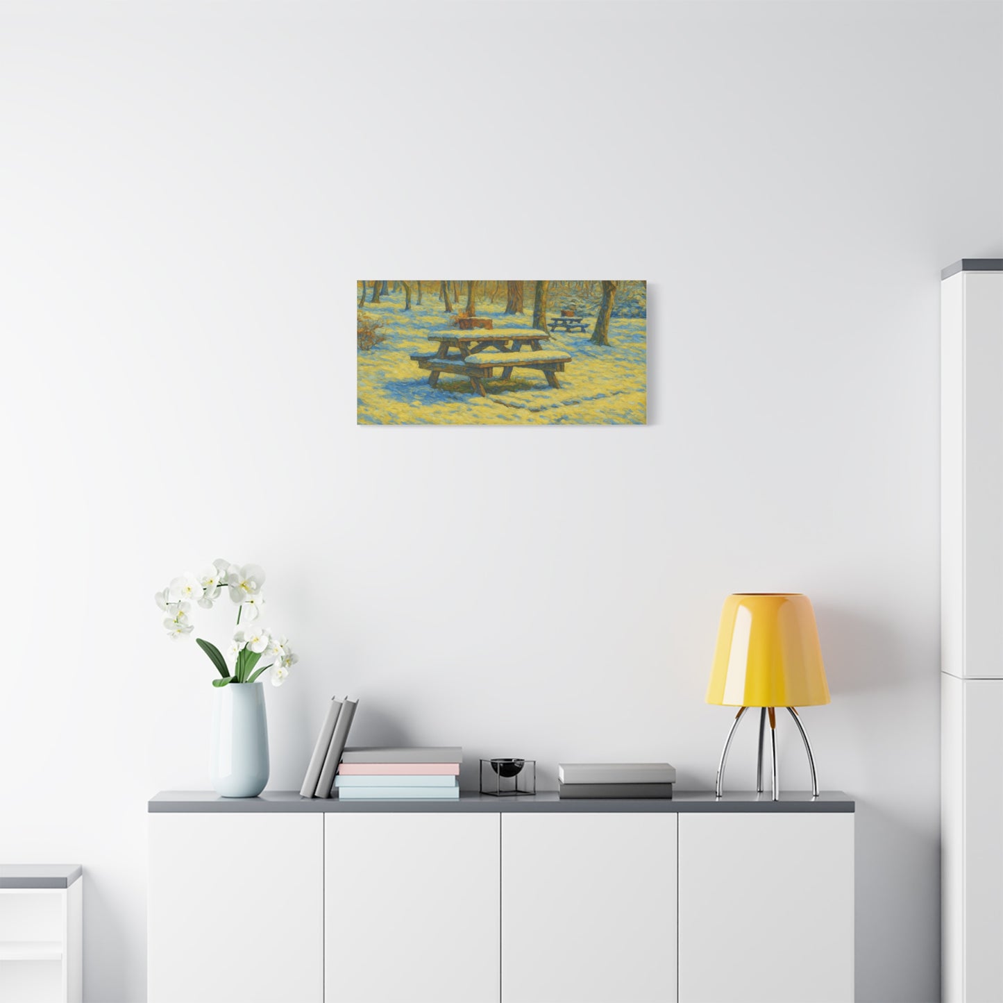 Winter picnic canvas print featuring a snow-covered park bench, wall art by Printify showcasing serene winter scenery.