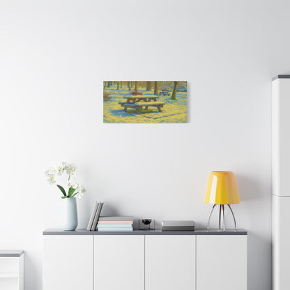 Winter picnic canvas print featuring a snow-covered park bench, wall art by Printify showcasing serene winter scenery.