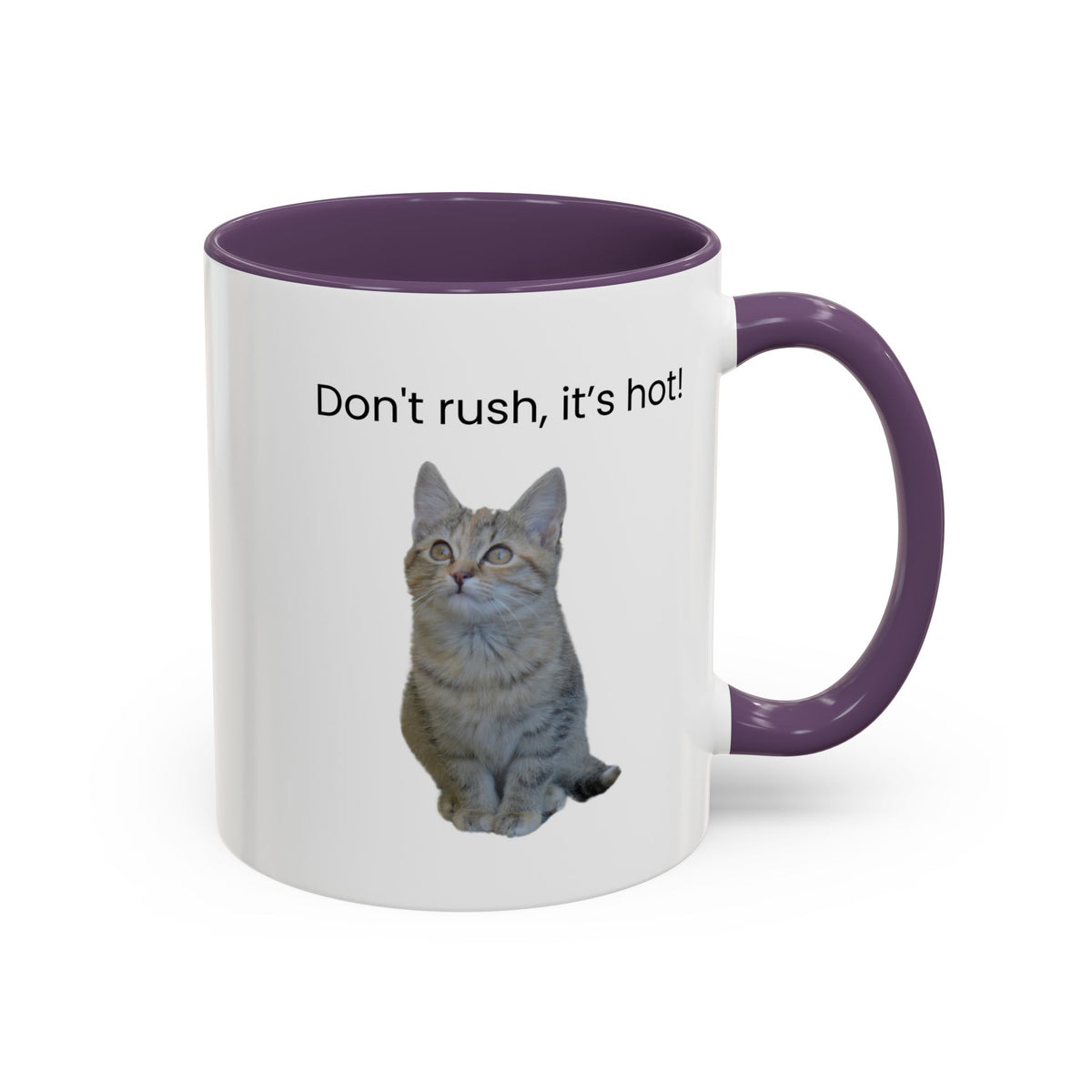 Ceramic cat coffee mug with "Don't rush, it's hot!" print, 11 oz, 15 oz size, white mug with black text and cat illustration