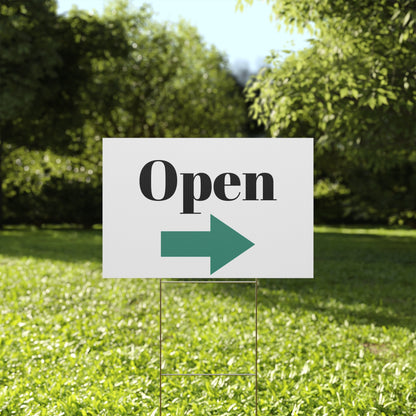 Colorful Printify open for business garden flag with outdoor storefront signage for yard display.