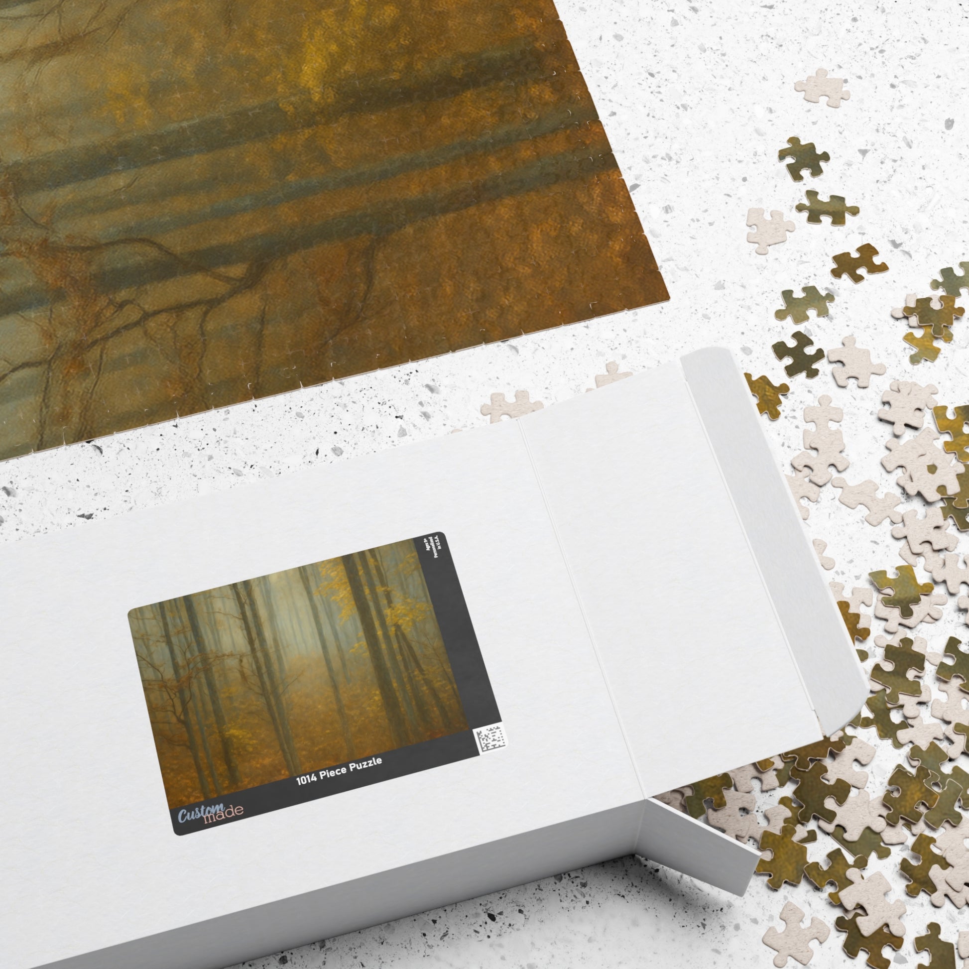 Printify Misty Forest Trees jigsaw puzzle featuring 110 and 1014 pieces, showcasing a tranquil woodland scene with detailed tree illustrations.