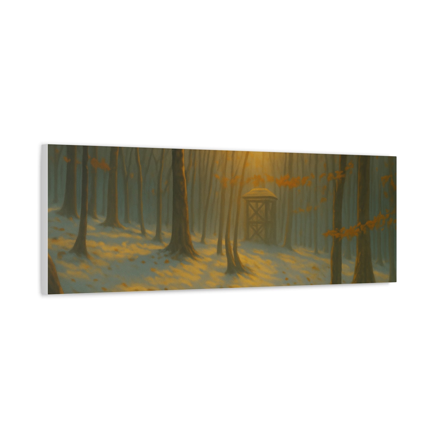 Matte stretched canvas featuring a Misty Forest Sunrise art print by Printify, showcasing a serene forest scene at dawn.