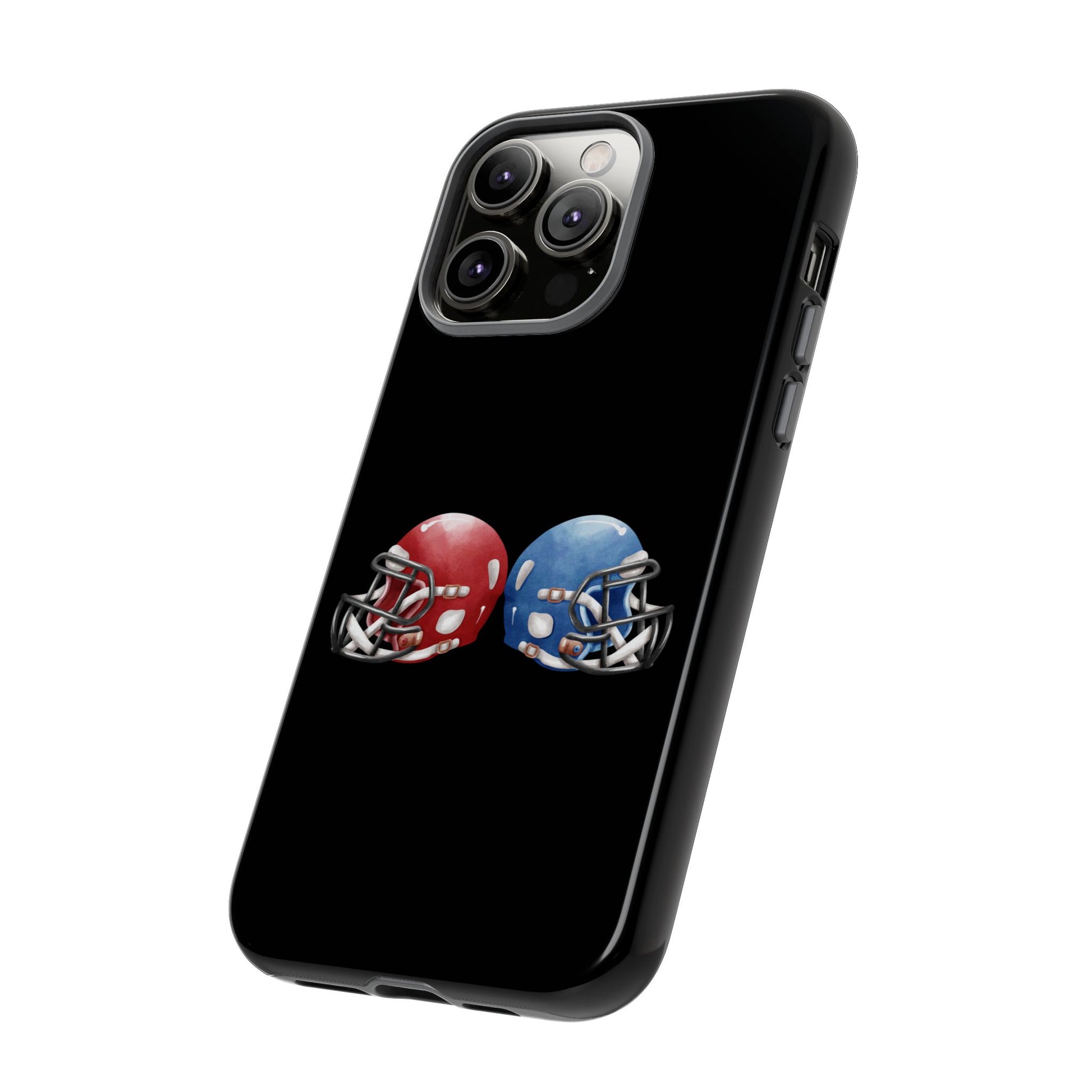 Red and blue football helmet phone case for iPhone, tough protective cover with football helmet design by Printify.