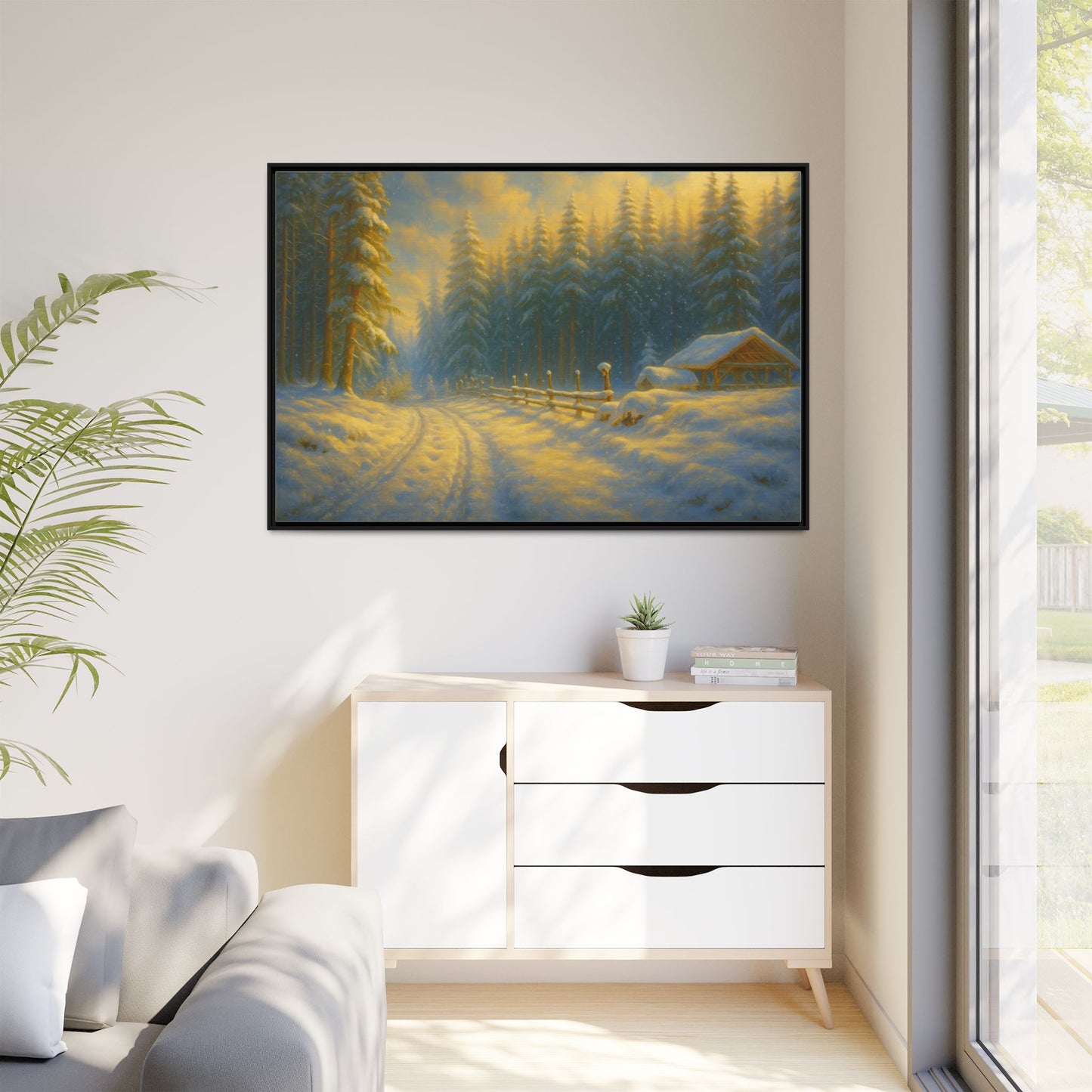 Framed winter cabin canvas print featuring a snowy forest sunset, wall art by Printify with vibrant mountain and trees scene.