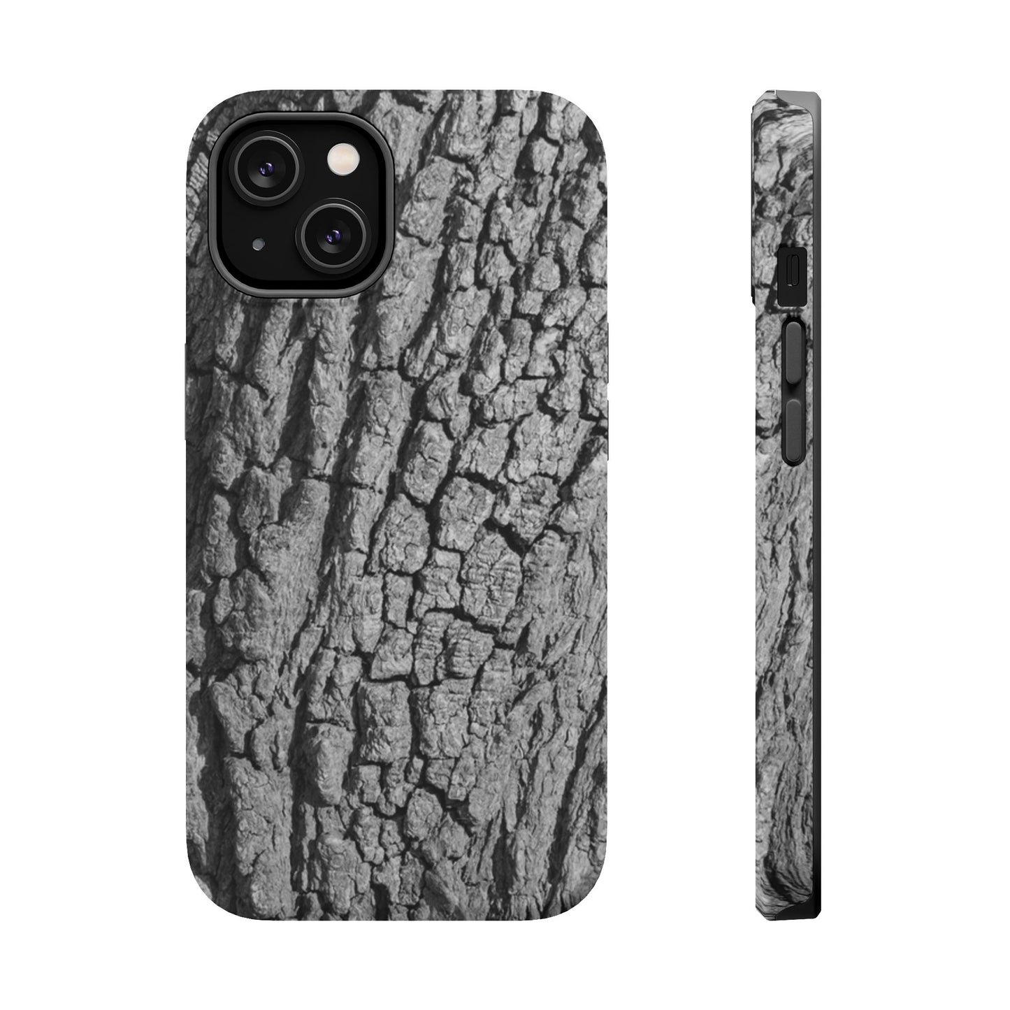 Bark texture phone case on iPhone, back view