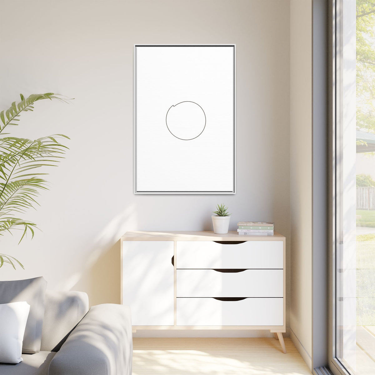 Framed matte canvas wall art featuring a minimal circular line design in black on white background, by Printify.