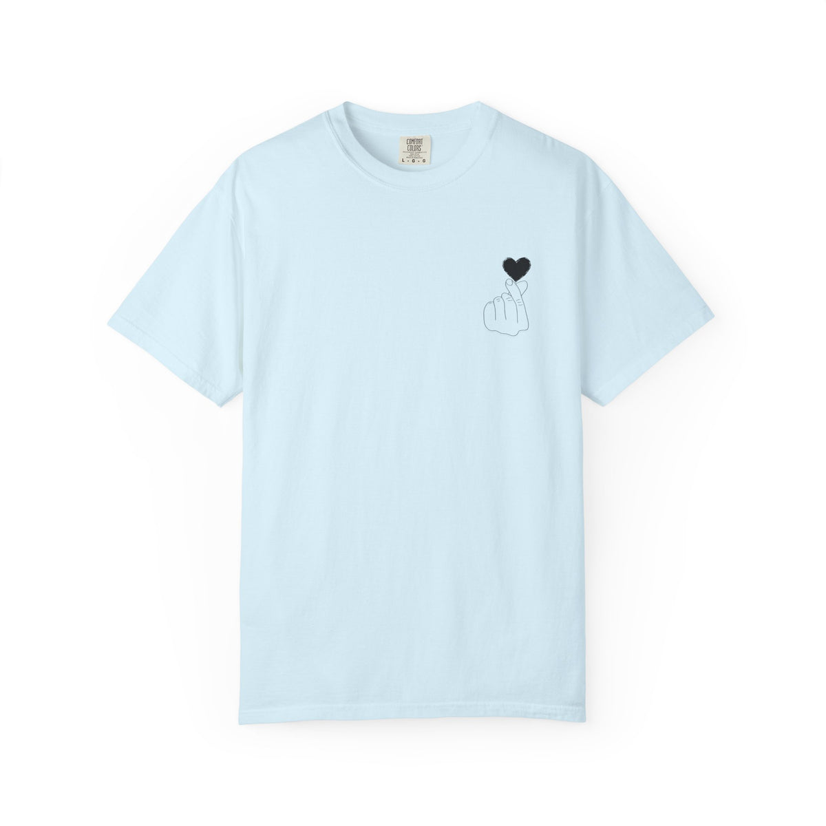 Black T-shirt with a minimal white finger heart graphic, casual short-sleeve design from Printify.