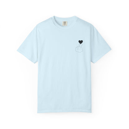 Black T-shirt with a minimal white finger heart graphic, casual short-sleeve design from Printify.