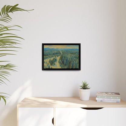 Framed matte canvas print of a serene winter forest landscape by Printify, showcasing snow-covered trees and a calm winter scene.