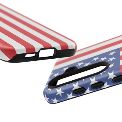 American flag tough phone case by Printify, patriotic protective cover for iPhone and Samsung smartphones, featuring bold flag design.