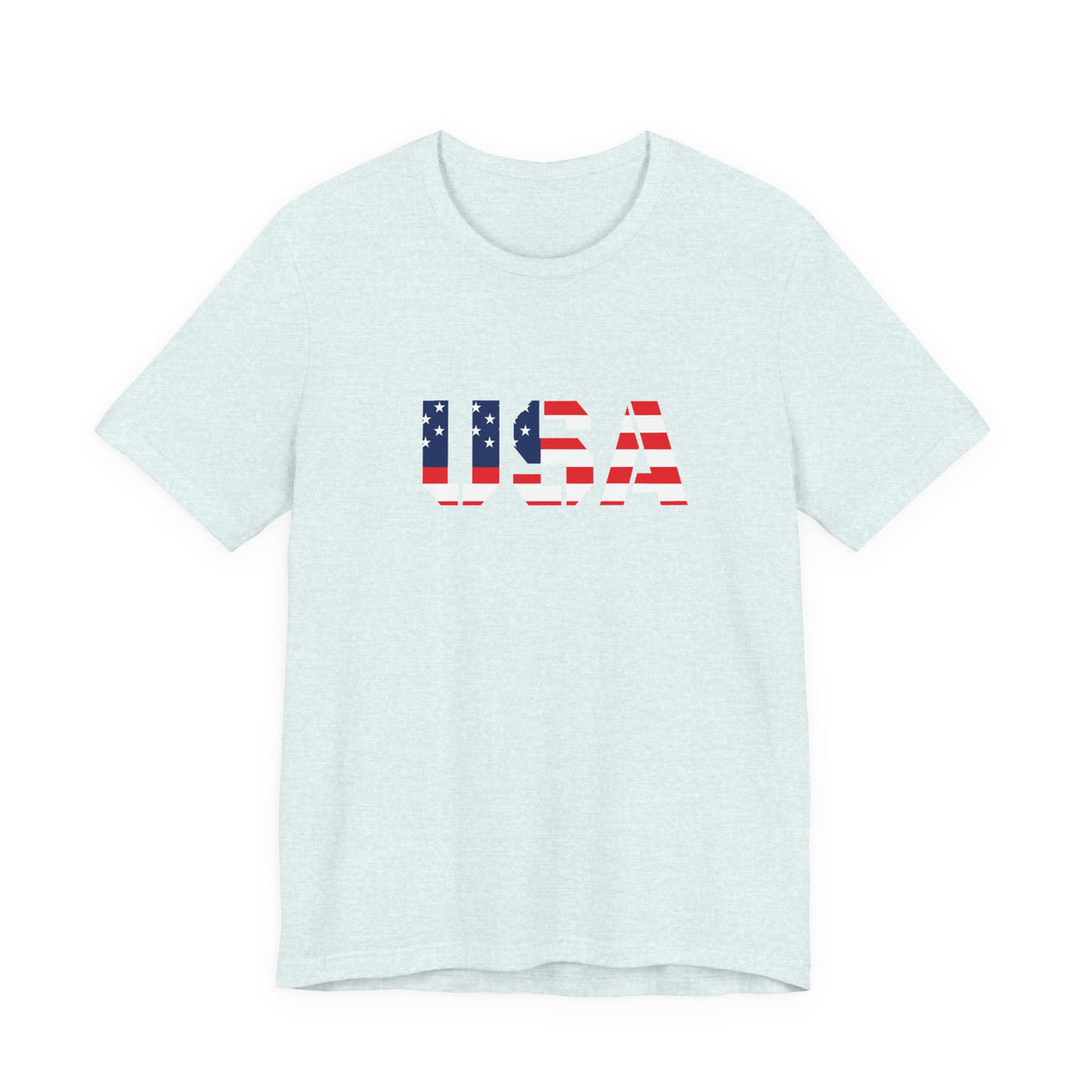 USA flag text patriotic T-shirt by Printify featuring a bold American flag design on a casual tee.