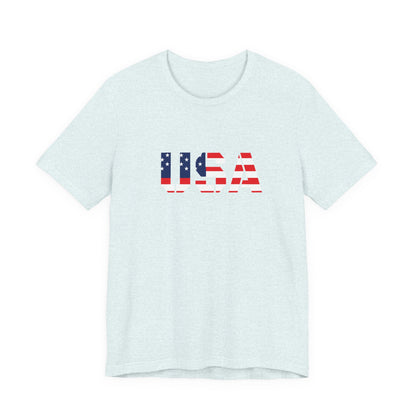USA flag text patriotic T-shirt by Printify featuring a bold American flag design on a casual tee.