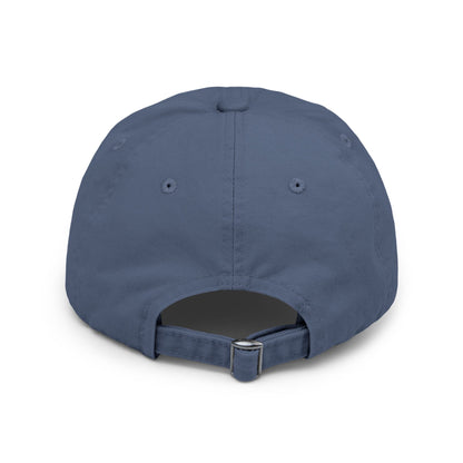 Distressed baseball cap featuring silhouette batter design, casual hat from Printify with adjustable strap and weathered look.
