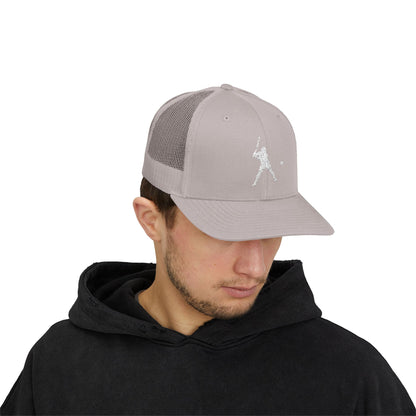 Vintage baseball snapback trucker cap with batter silhouette design, casual men's hat by Printify featuring adjustable fit.