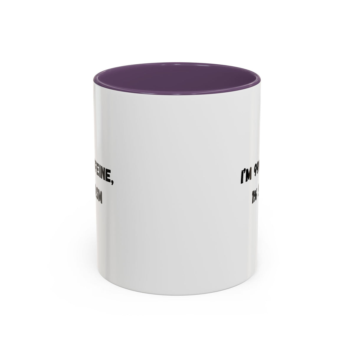 White ceramic coffee mug with "I'm 99% Caffeine, 1% Sarcasm" print, featuring a humorous design by Printify.