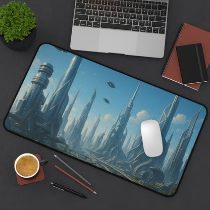 Futuristic cityscape desk mat with sci-fi skyline design, Printify mousepad for gaming or office use featuring vibrant urban imagery.