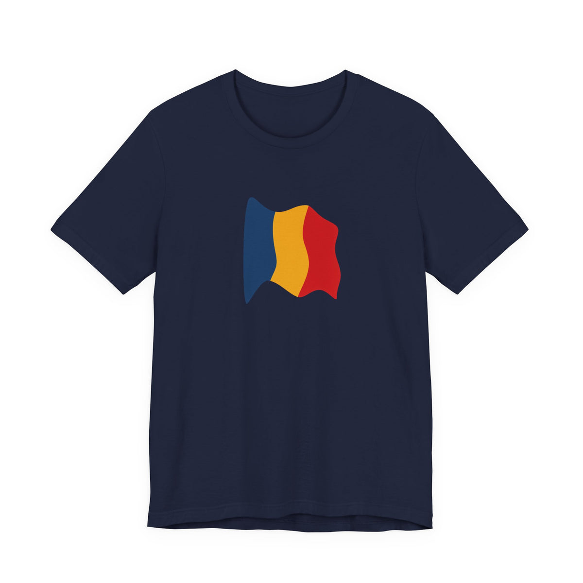 Romania flag T-shirt by Printify featuring a minimal waving tricolor design on a casual T-shirt.