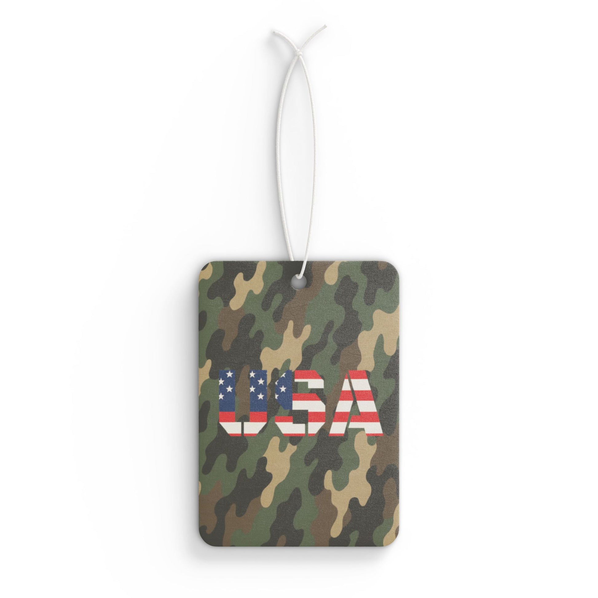 USA camo car air freshener by Printify featuring patriotic camouflage design, ideal as a gift for veterans.