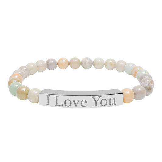 Natural stone stretch bracelet engraved with "I Love You" in stylish accessories by Printify, featuring smooth, polished stones.