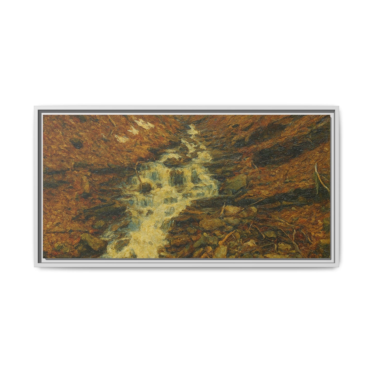 Framed matte canvas print of autumn stream landscape artwork by Printify, showcasing vibrant fall colors and scenic nature scene.