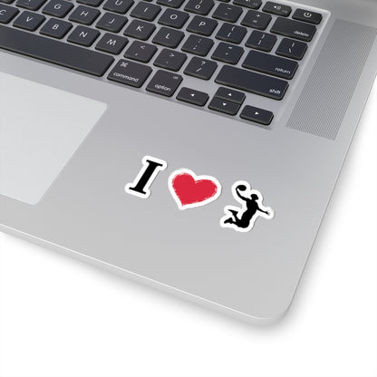 I Heart Basketball kiss-cut decal sticker by Printify, designed for laptops and water bottles, featuring a basketball-themed paper decal.