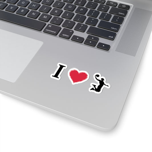 I Heart Basketball kiss-cut decal sticker by Printify, designed for laptops and water bottles, featuring a basketball-themed paper decal.