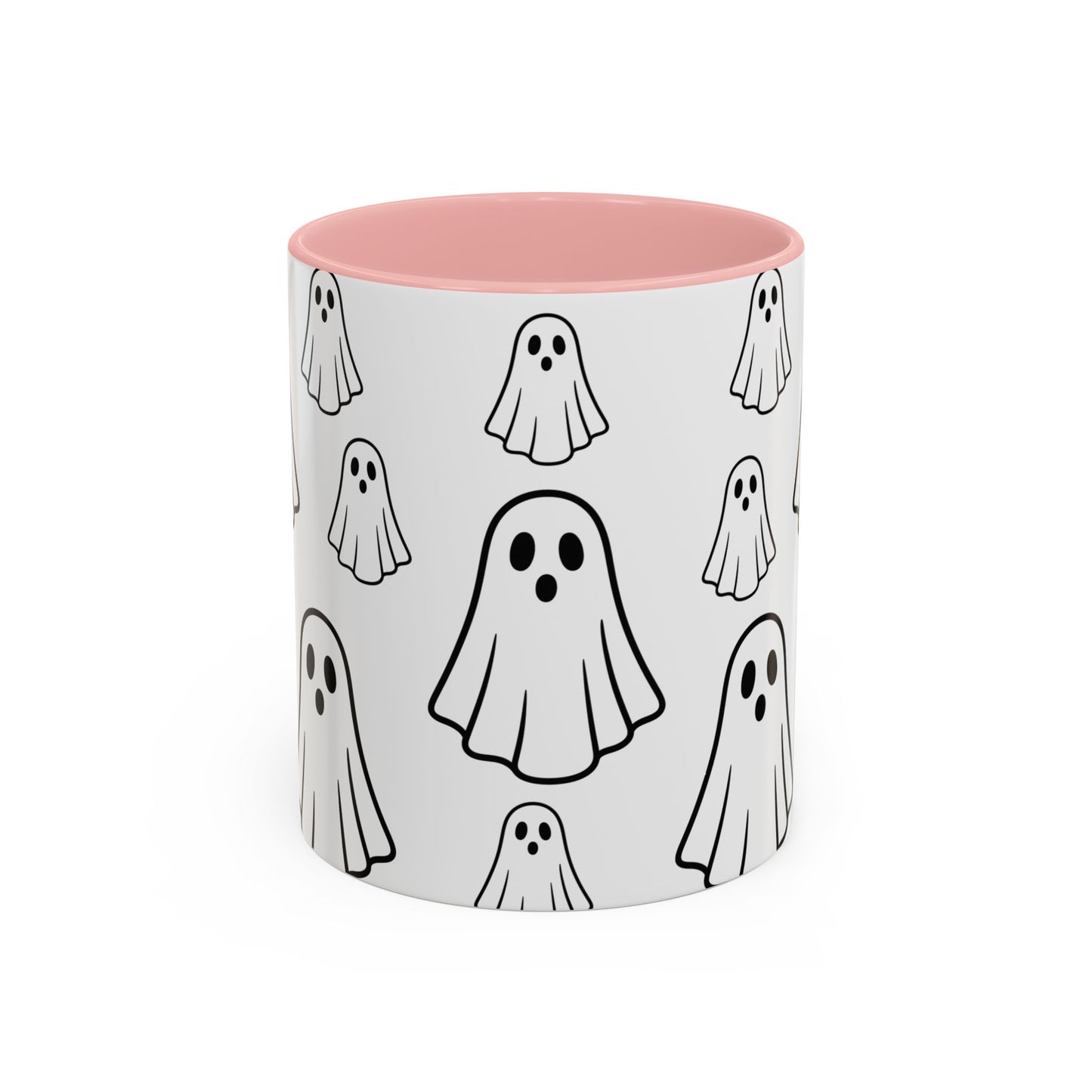 Printify ghost pattern ceramic coffee mug with cute Halloween design, available in 11oz and 15oz sizes.