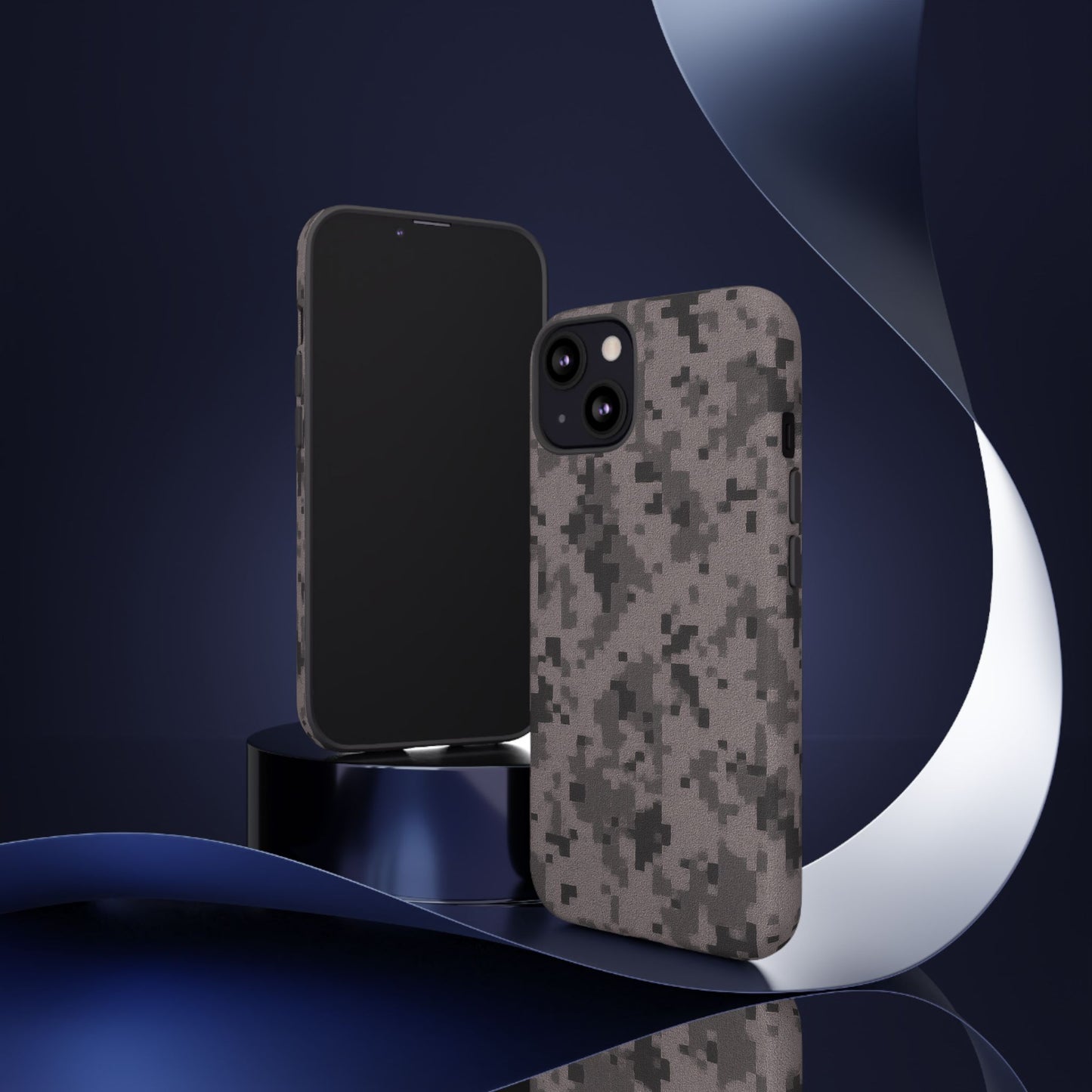 Gray digital camouflage phone case by Printify, tough protective cover designed for smartphones.