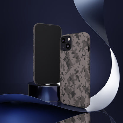 Gray digital camouflage phone case by Printify, tough protective cover designed for smartphones.