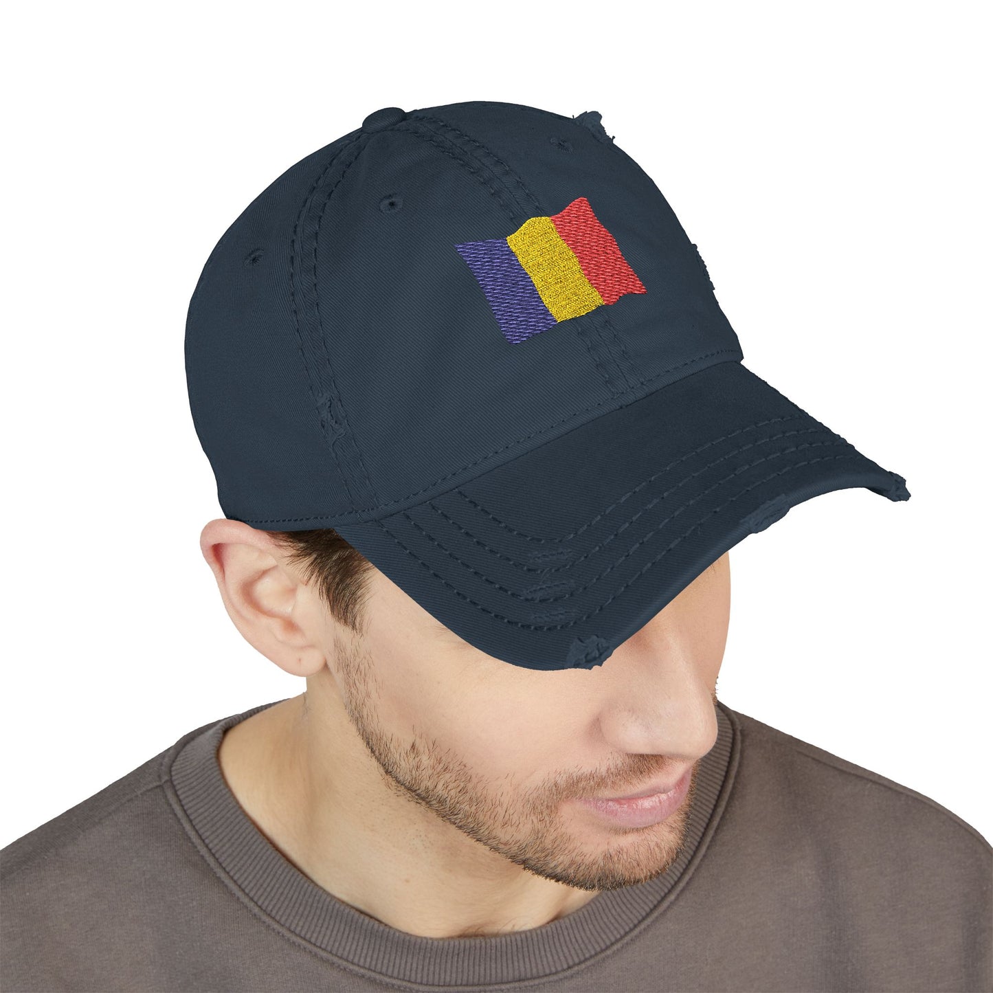 Distressed embroidered dad hat with Romanian flag patch, casual style, adjustable brim, and vintage look.