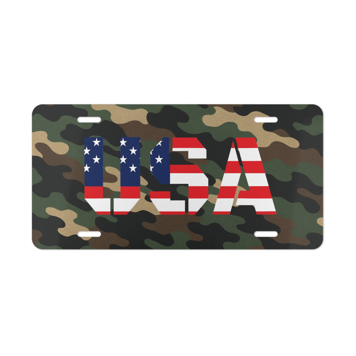 USA Camo vanity license plate with American flag-themed letters on camouflage background, accessory for vehicle customization.