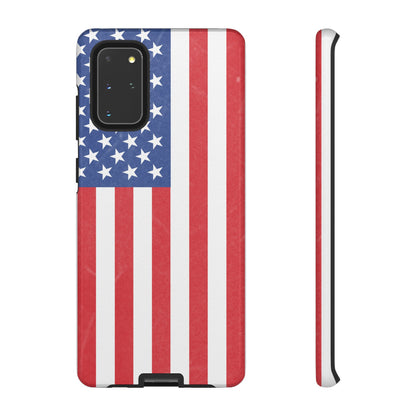 American flag tough phone case for iPhone and Samsung, patriotic protective cover with bold flag design.