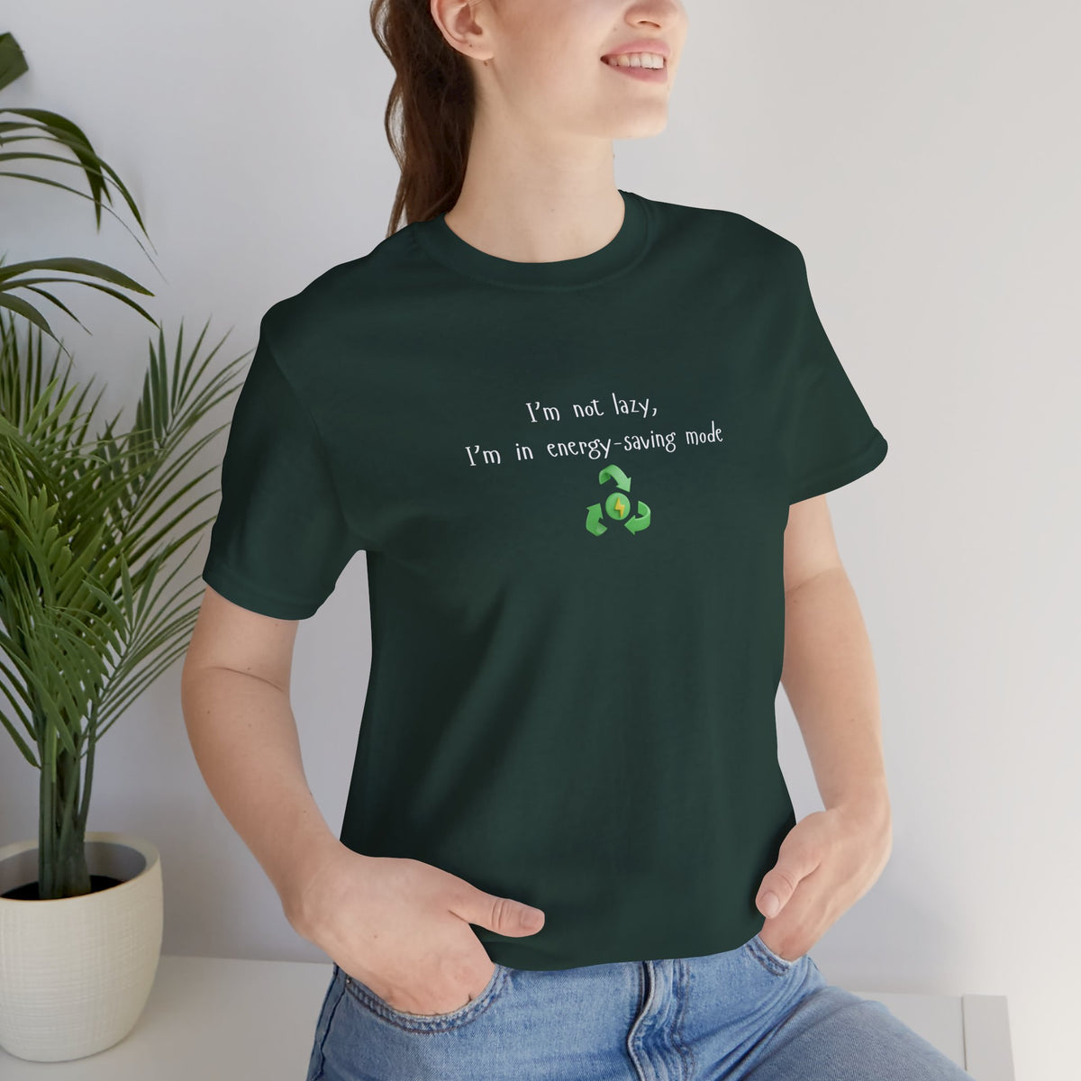 Eco-friendly mock T-shirt with humorous "I’m Not Lazy, I’m an Energy-Saving Mock" print, casual fit, Printify brand.