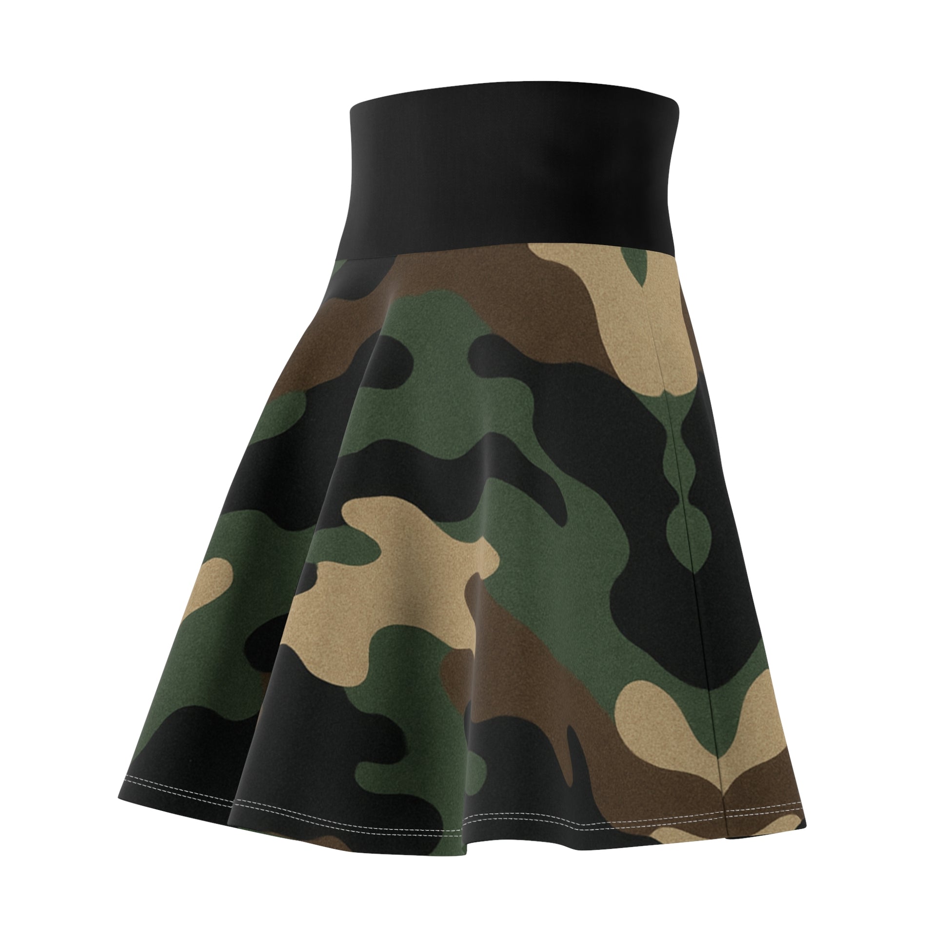 All-over print camo skater skirt from Printify, casual style perfect for parties and festivals, featuring a trendy camouflage design.