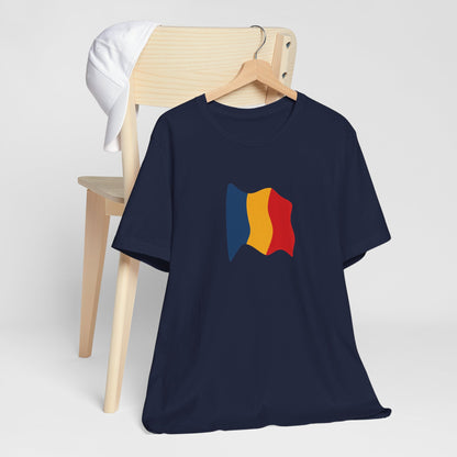 Romania flag T-shirt by Printify featuring a minimal waving tricolor design on a casual tee.