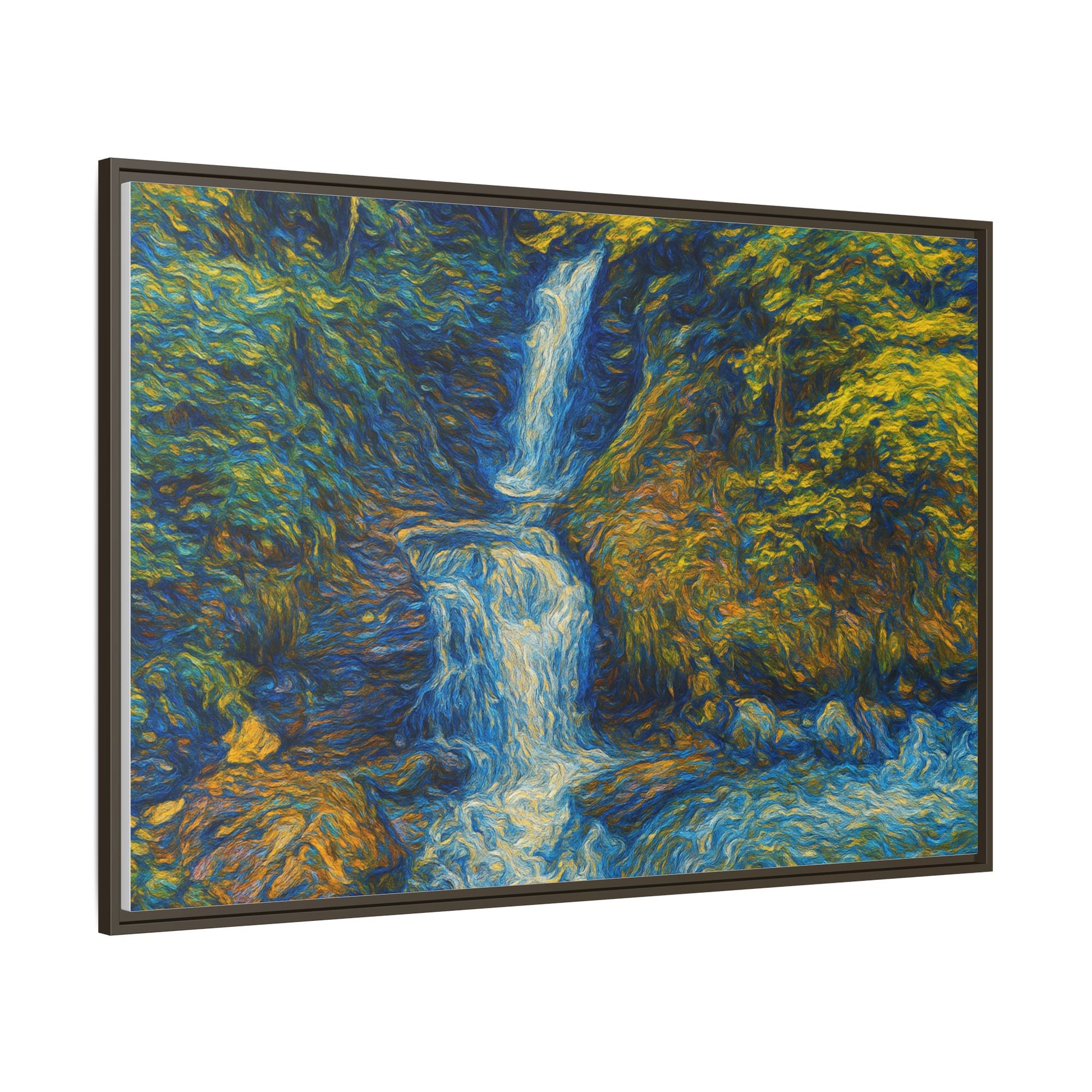 Framed matte canvas print of an impressionist waterfall wall art, featuring vibrant colors and detailed brushstroke textures.
