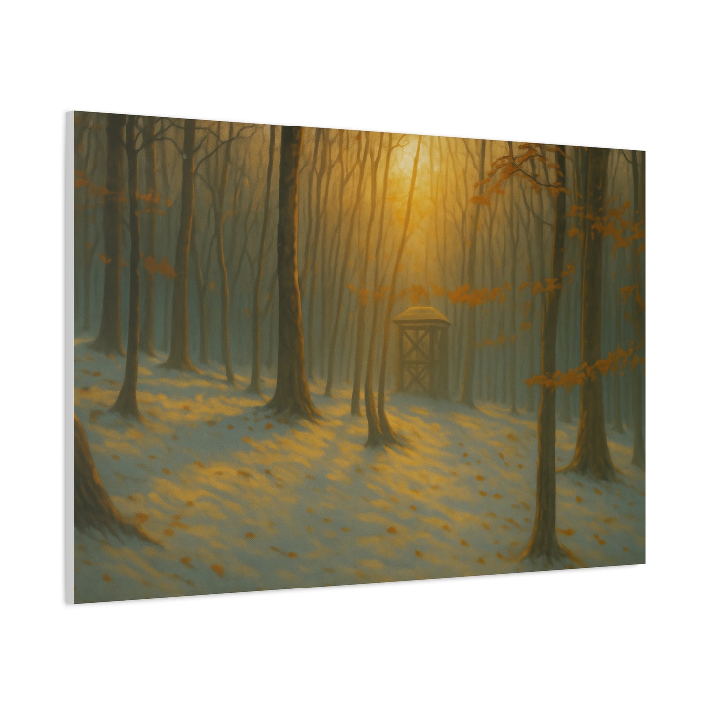 Matte stretched canvas print of a misty forest sunrise landscape by Printify, showcasing soft colors and detailed natural scenery.
