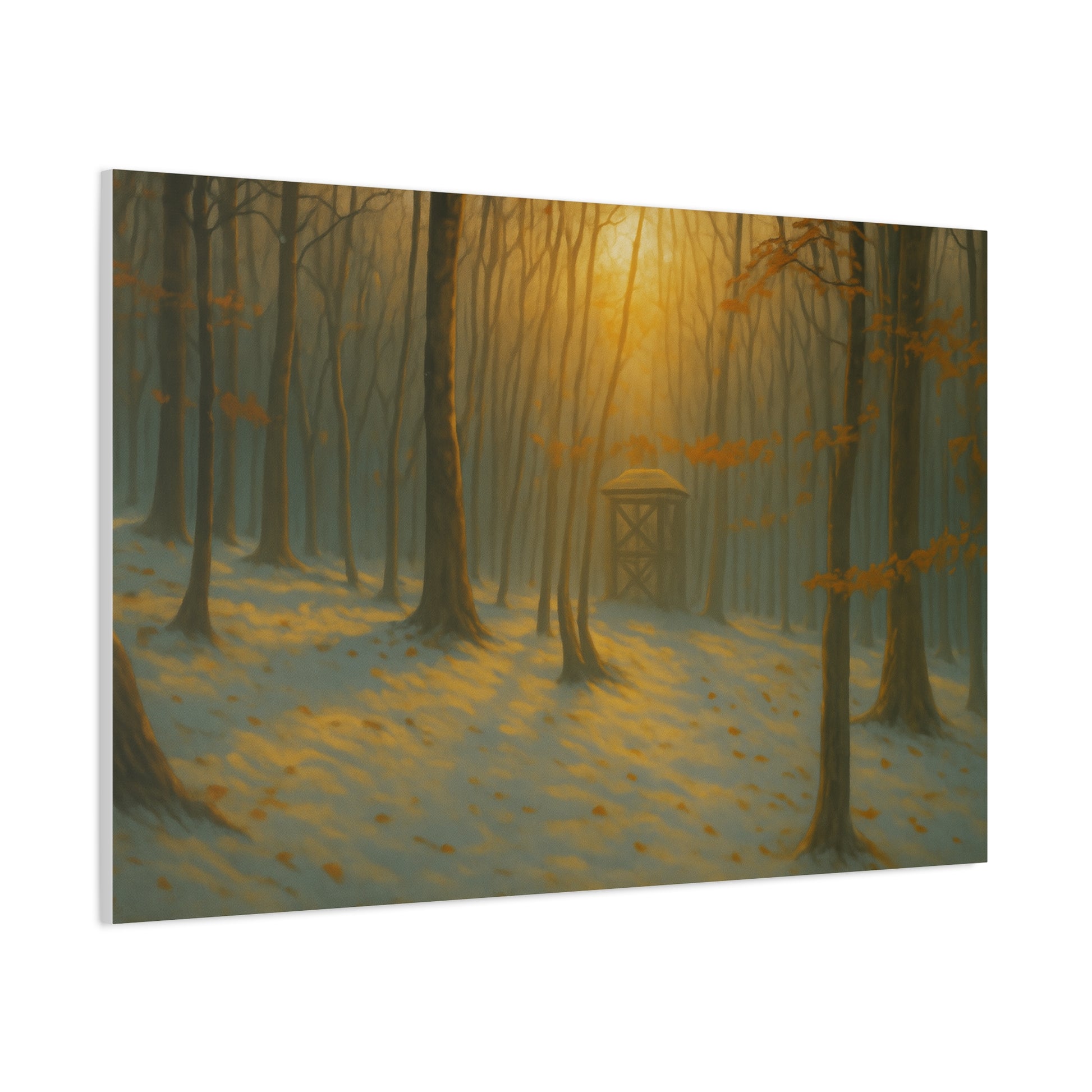 Matte stretched canvas print of a misty forest sunrise landscape by Printify, showcasing soft colors and detailed natural scenery.