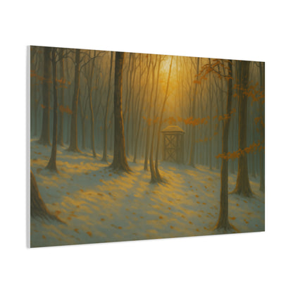 Matte stretched canvas print of a misty forest sunrise landscape by Printify, showcasing soft colors and detailed natural scenery.