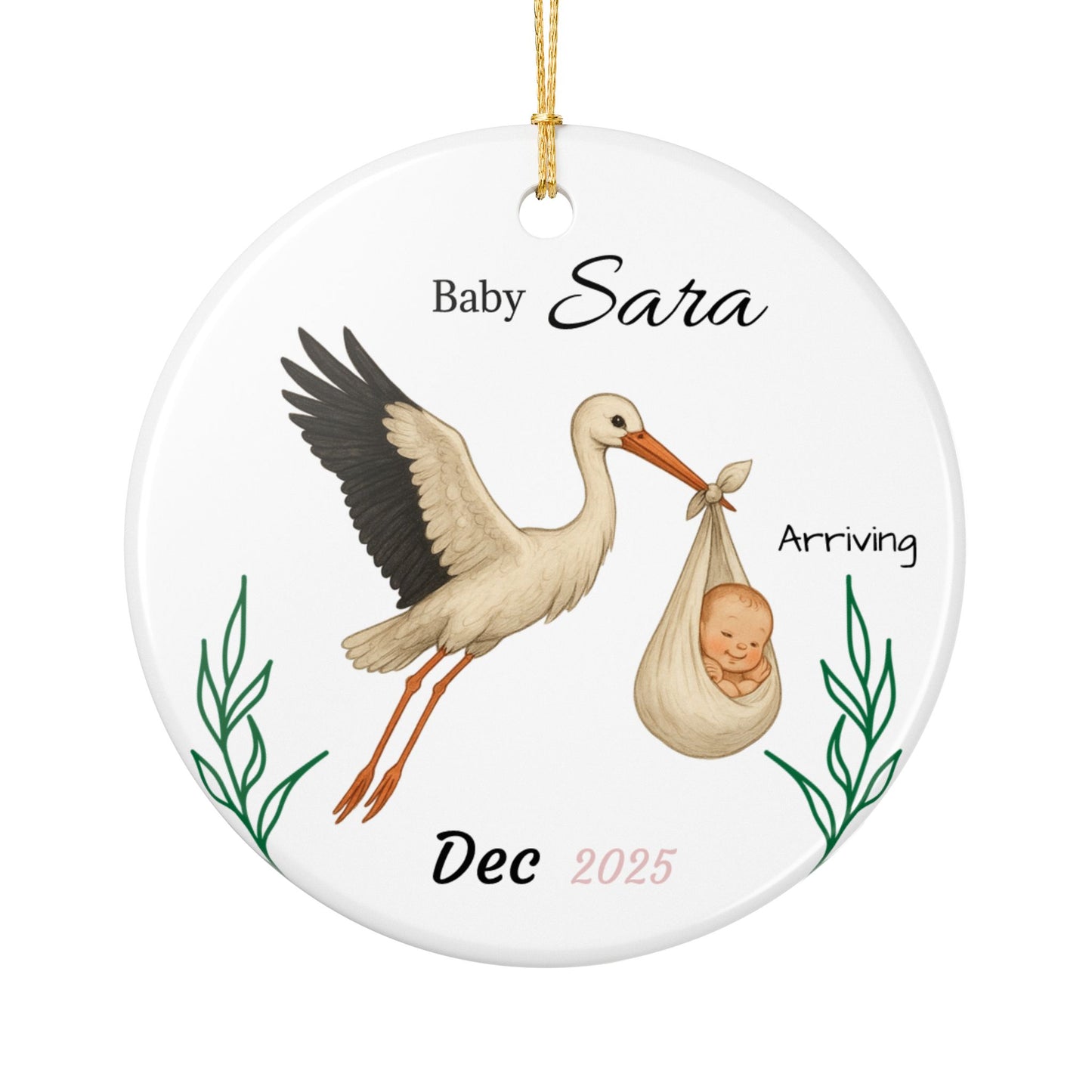Stork with Baby, Personalized Name and Due Date Ornament Ceramic Ornament - TRV