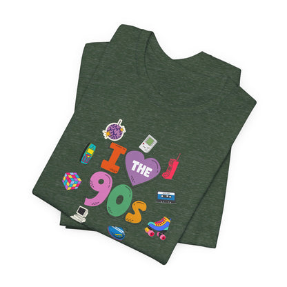 I  Love the 90's Short Sleeve Tee - Retro Graphic Tee, Vintage Style Shirt, Perfect for Casual Outings, 90s Nostalgia Apparel