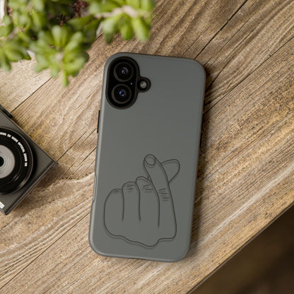 Silicone phone case with embossed Korean finger heart design, compatible with smartphones, by Printify.