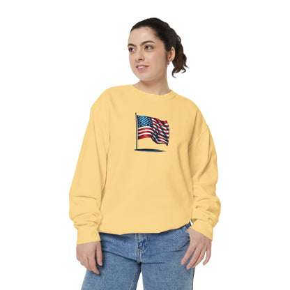 Patriotic Unisex Garment-Dyed Sweatshirt with Vintage American Flag, Cozy Fall Outfit, Statement Sweater, Gift for Veterans, Casual Fashion - TRV