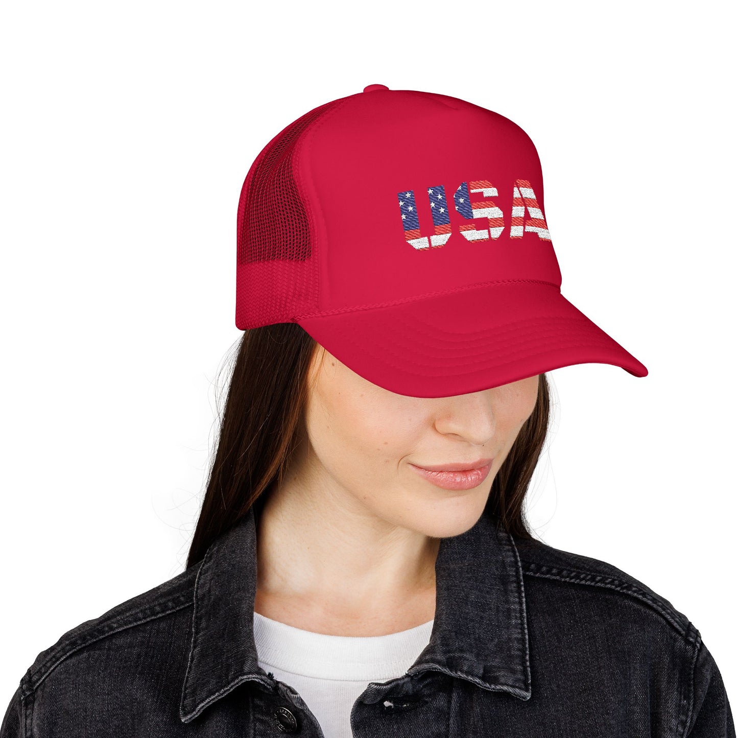 USA Flag Embroidered Foam Trucker Hat, Patriotic Cap, Red Mesh Hat, Summer Outdoor Gear, Festival Accessory, July 4th Gift - TRV