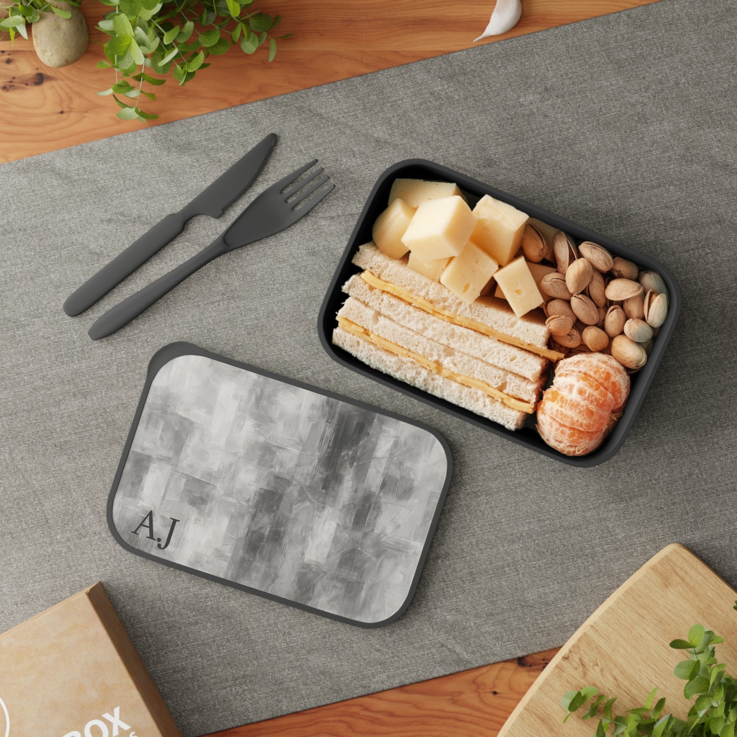 Gray abstract brushstroke bento box with initials, PLA lunchbox accessory by Printify, featuring a modern artistic design.