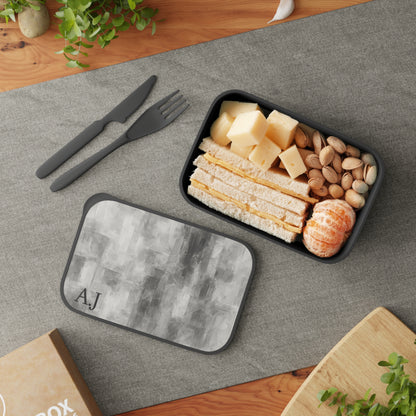Gray abstract brushstroke bento box with initials, PLA lunchbox accessory by Printify, featuring a modern artistic design.