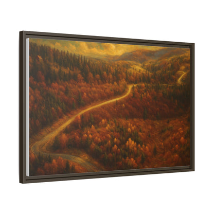 Framed matte canvas print of an autumn forest road landscape wall art by Printify, showcasing vibrant fall trees and a scenic path.