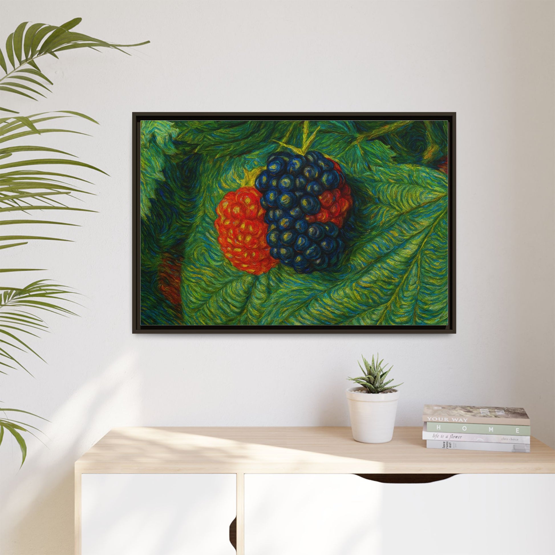 Blackberry still life framed canvas print by Printify, showcasing vibrant blackberries in a detailed, artistic design.